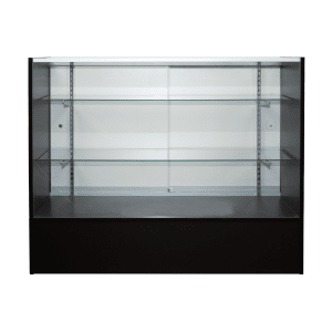 Retail Display Case 48” Black Full Vision featuring tempered glass shelves, plunger lock, and a sleek design.