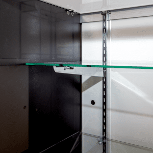Retail Display Case 48” Black Full Vision featuring tempered glass shelves, plunger lock, and a sleek design.