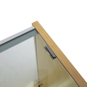 Maple 48-inch retail display case with adjustable tempered glass shelves, sliding doors, and an included plunger lock.