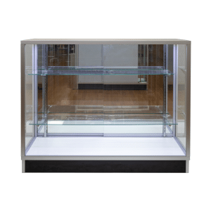 Silver 48-inch retail display case with LED lighting, mirrored doors, adjustable tempered glass shelves, and a built-in plunger lock.