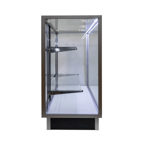 Silver 48-inch retail display case with LED lighting, mirrored doors, adjustable tempered glass shelves, and a built-in plunger lock.