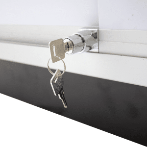 Silver 48-inch retail display case with LED lighting, mirrored doors, adjustable tempered glass shelves, and a built-in plunger lock.