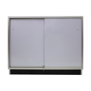 Silver 48-inch retail display case with LED lighting, mirrored doors, adjustable tempered glass shelves, and a built-in plunger lock.