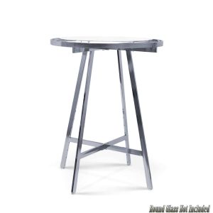round clothing rack in chrome with a clear glass top and 4 legs