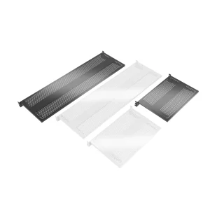 Black and white perforated metal shelves
