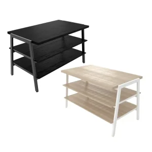 Allura 3 Tier Retail Display Table - 54"W x 30"D x 32"H - Matte Black Frame - Black Woodgrain Shelves