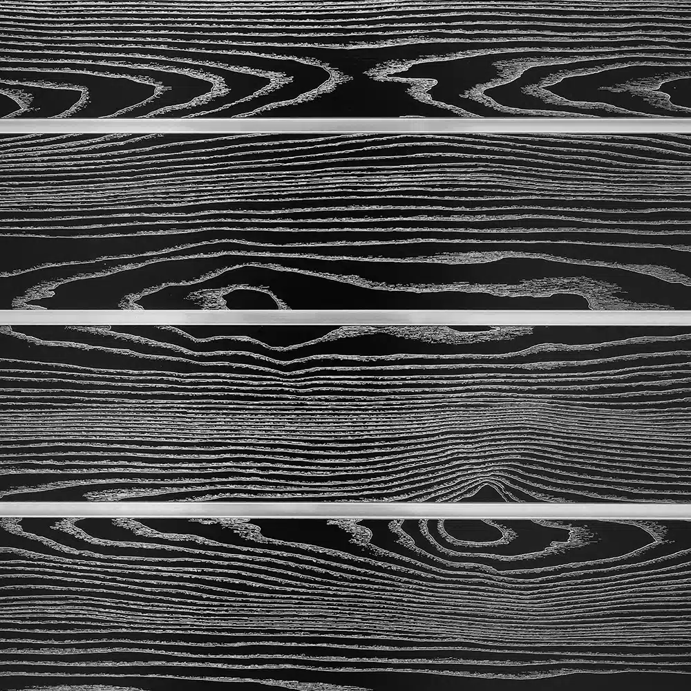 Black Woodgrain Slatwall Panel 6" Groove Spacing with Metal Inserts Closeup