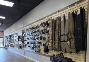 Maple Slatwall Panels in a Gun Store Holding Firearm Accessories