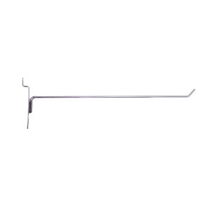 Chrome 12-inch slatwall hook with a durable metal design for retail display organization.