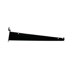 Black 12-inch slatwall shelf bracket for supporting larger shelves on slatwall panels in retail and storage displays.