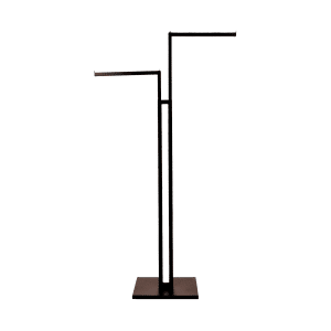 Black two-way clothing rack with adjustable arms for retail garment display.