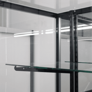 Retail Display Case 48” Black with Mirrored Back featuring tempered glass shelves, plunger lock, and a sleek design.