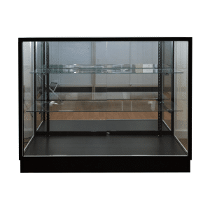 Retail Display Case 48” Black with Mirrored Back featuring tempered glass shelves, plunger lock, and a sleek design.