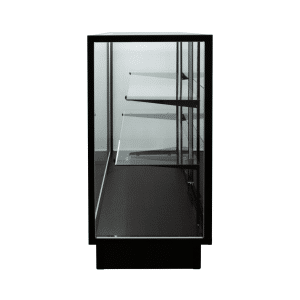 Retail Display Case 48” Black with Mirrored Back featuring tempered glass shelves, plunger lock, and a sleek design.