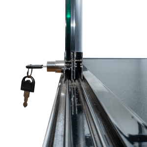 Retail Display Case 48” Black featuring tempered glass shelves, plunger lock, and a sleek design.
