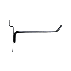 Black 6-inch slatwall hook with a durable metal design for retail display organization.
