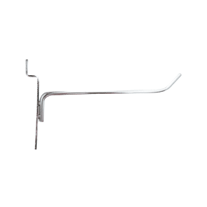 Chrome 6-inch slatwall hook with a durable metal design for retail display organization.