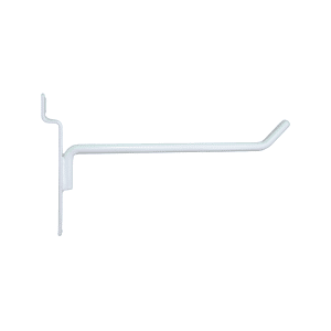 White 6-inch slatwall hook with a durable metal design for retail display organization.