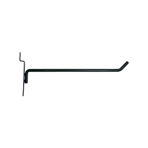 Black 8-inch slatwall hook with a durable metal design for retail display organization.