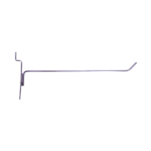 Chrome 8-inch slatwall hook with a durable metal design for retail display organization.