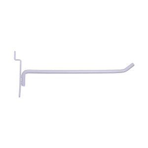 White 8-inch slatwall hook with a durable metal design for retail display organization.