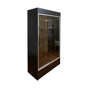 Black 78-inch wall case display with glass sliding doors, push lock, five adjustable 12-inch shelves, LED down-lights, and a matching back panel.