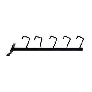 Black slatwall square tube with 5 J-hooks for displaying handbags, accessories, and merchandise with straps.