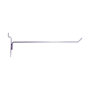 Chrome 10-inch slatwall hook with a durable metal design for retail display organization.