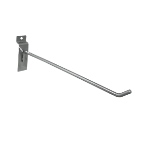 Chrome 10-inch slatwall hook with a durable metal design for retail display organization.