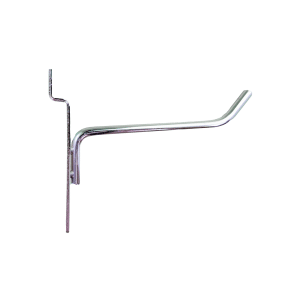 Chrome 4-inch slatwall hook with a durable metal design for retail display organization.
