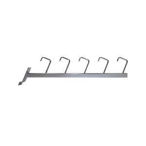 Chrome slatwall square tube with 5 J-hooks for displaying handbags, accessories, and merchandise with straps.