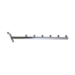 Chrome slatwall square tube waterfall faceout with 6 ball stops for displaying garments neatly.