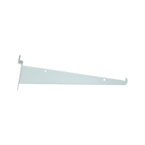 White 10-inch slatwall shelf bracket for stable shelf support on slatwall panels in retail and storage setups.