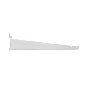 White 12-inch slatwall shelf bracket for strong and stable shelf support on slatwall panels.