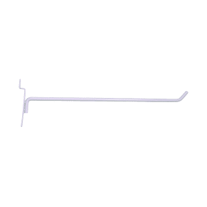 White 12-inch slatwall hook with a durable metal design for retail display organization.