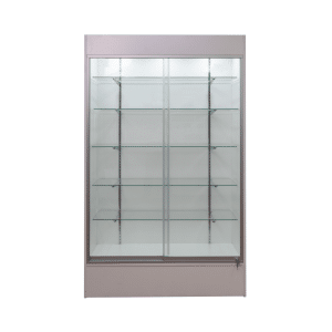 White 78-inch wall case display with glass sliding doors, push lock, five adjustable 12-inch shelves, LED down-lights, and a matching back panel.