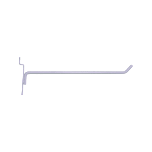 White 10-inch slatwall hook with a durable metal design for retail display organization.