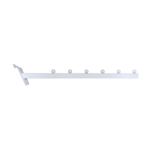 White slatwall square tube waterfall faceout with 6 ball stops for organized garment display.