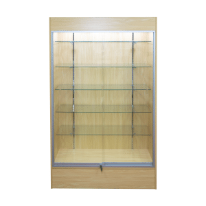 Maple 78-inch wall case display with glass sliding doors, push lock, five adjustable 12-inch shelves, LED down-lights, and a matching back panel.