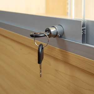 Maple 78-inch wall case display with glass sliding doors, push lock, five adjustable 12-inch shelves, LED down-lights, and a matching back panel.