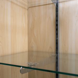 Maple 78-inch wall case display with glass sliding doors, push lock, five adjustable 12-inch shelves, LED down-lights, and a matching back panel.