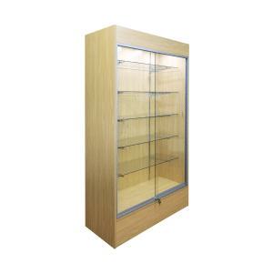 Maple 78-inch wall case display with glass sliding doors, push lock, five adjustable 12-inch shelves, LED down-lights, and a matching back panel.