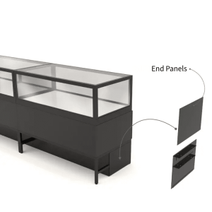 Black Privacy End Panels for Glass Jewelry Display Case with Storage