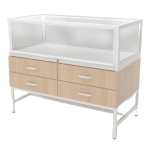 White & Raw Oak Glass Jewelry Display Case with Storage
