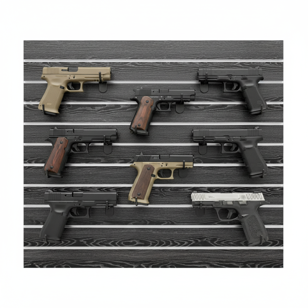 black woodgrain gun wall panel holding 8 pistols