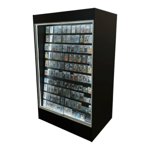 black sports card display case with LEDs and black inserts