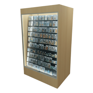 Maple sports card display case with LEDs and black insert