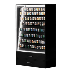 black double sided sports card display with led and two drawers