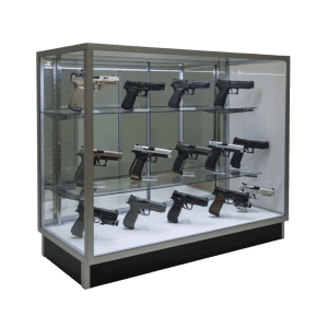 Firearms being displayed in a 48 Inch Silver Extra Vision Gun Display Case