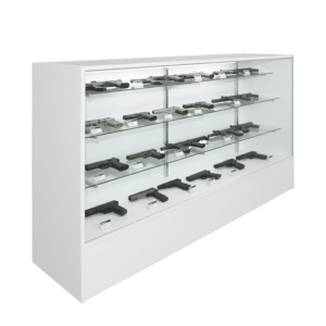 Firearms displayed in a 70 Inch White Gun Display Case